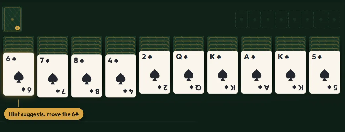 Spider Solitaire board with the hint highlighting a 6 of spades in a brass glow