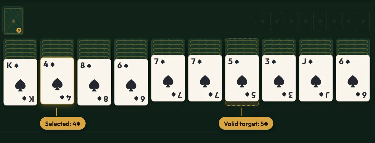 Spider Solitaire tableau with a selected 4 of spades outlined and the valid 5 of spades target column highlighted
